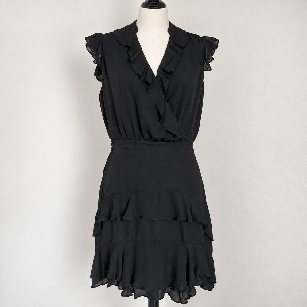 Parker Tangia Black 100% Silk Ruffle Faux Wrap Cocktail Dress Size 8 Knee Length
